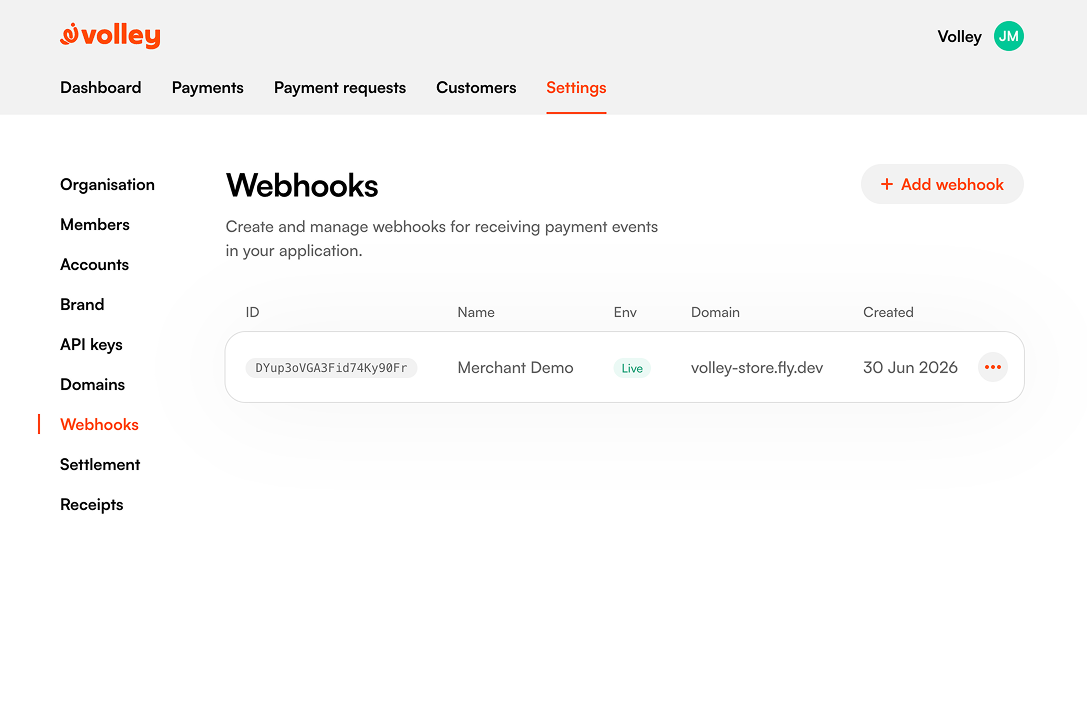 Creating a webhook in the Volley dashboard