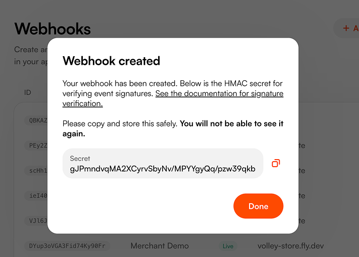Receiving the webhook secret when creatign a webhook in the Volley dashboard